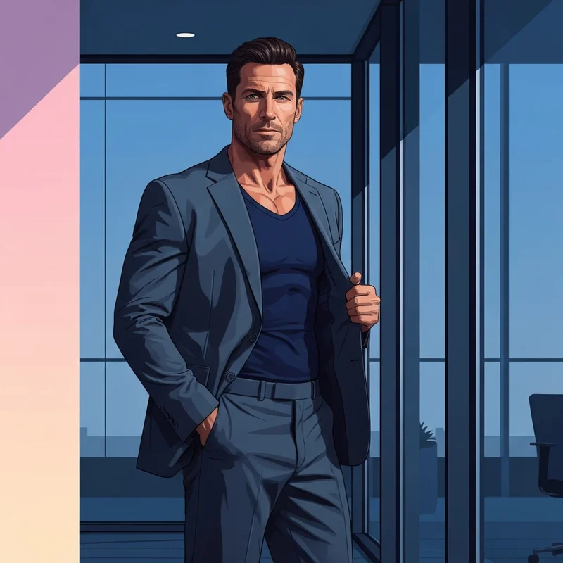 A professional man in a tailored suit showing the slimming effects of navy blue men shapewear.