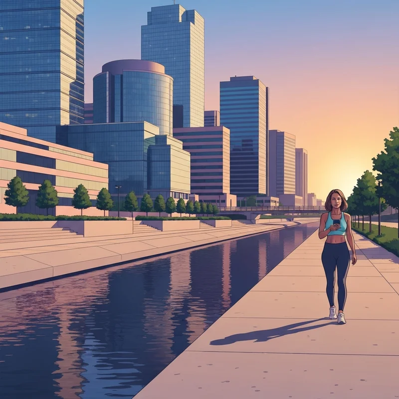A wide view of the Braes Bayou trail at sunset with the Texas Medical Center skyline in the background.
