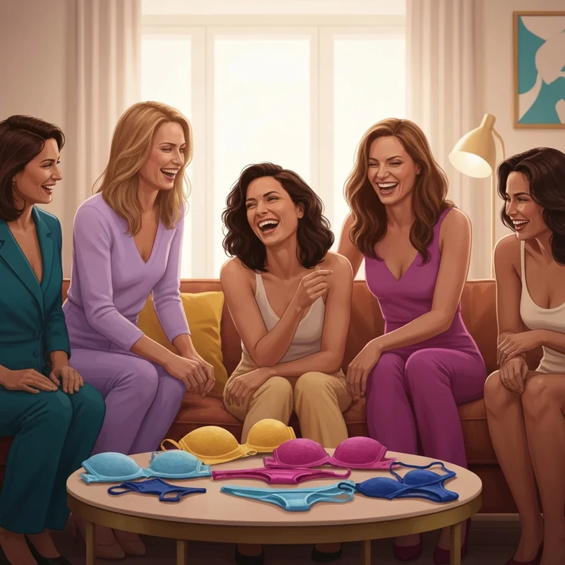A group of friends discussing their findings after using a bra measuring chart to find their perfect fit.