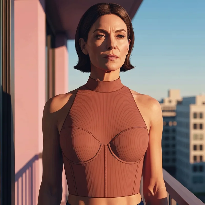 A woman wearing a stylish halter neck tops with built in bra on a city balcony.