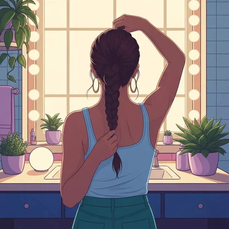 A woman styling a perfect half up half down french braid in front of a mirror with aesthetic lighting.