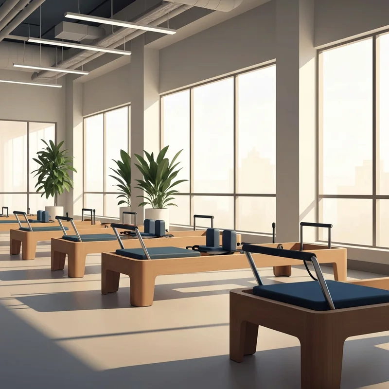 A high-end reformer machine in a modern pilates plano studio with natural lighting.