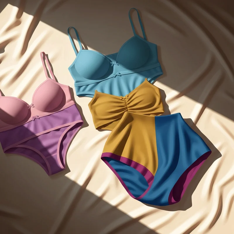 A beautiful flat-lay of panty bra matching sets in neutral tones on silk sheets.