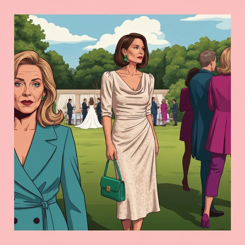 A woman wearing a midi champagne color dress for wedding guest attendance styled with emerald accessories.