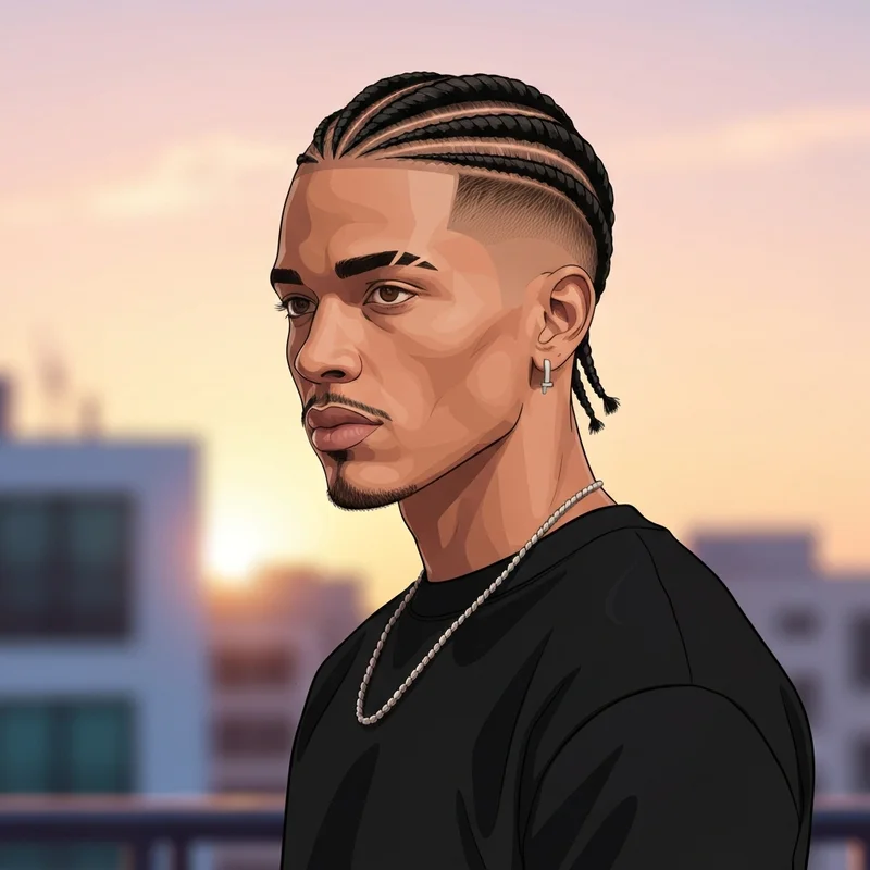 A young man showcasing modern and sharp braid hairstyles for mens with a precision fade.