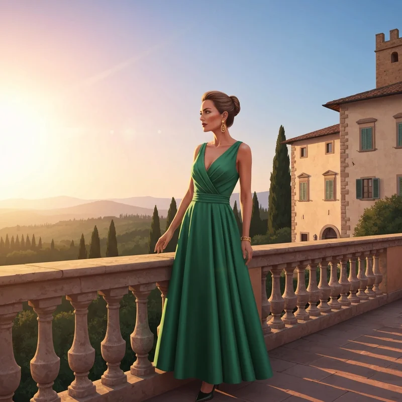 A woman wearing one of the most elegant italian dresses for wedding guests at a Tuscan villa.