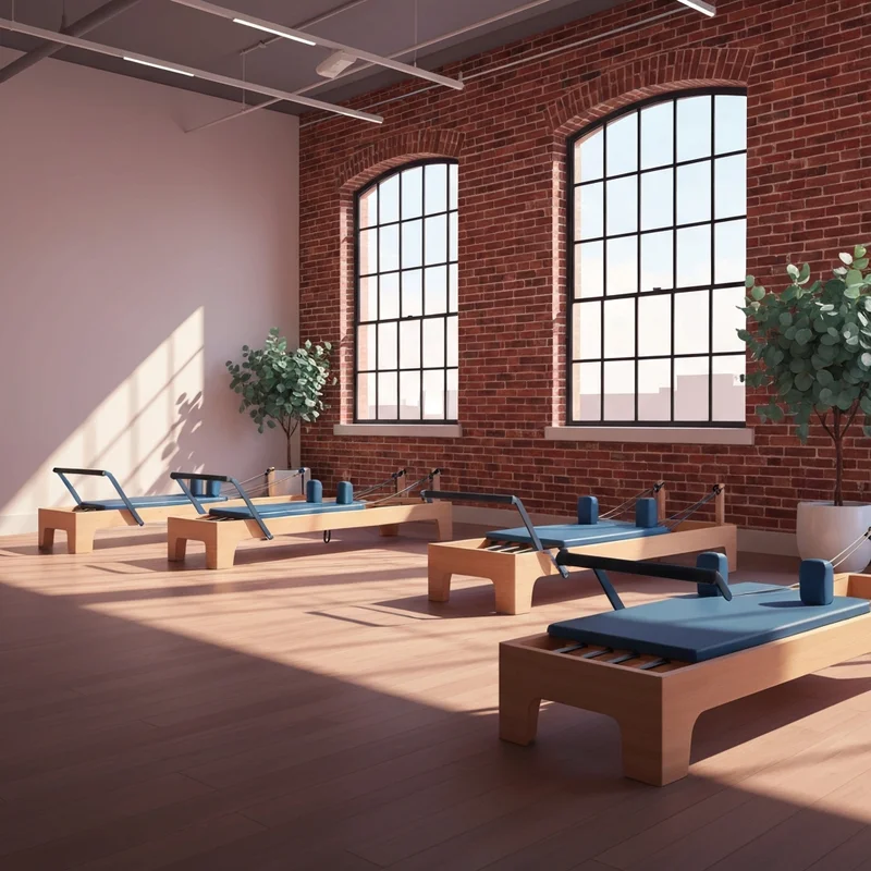 A serene and modern boutique studio for pilates pasadena with sunlight streaming through large windows.