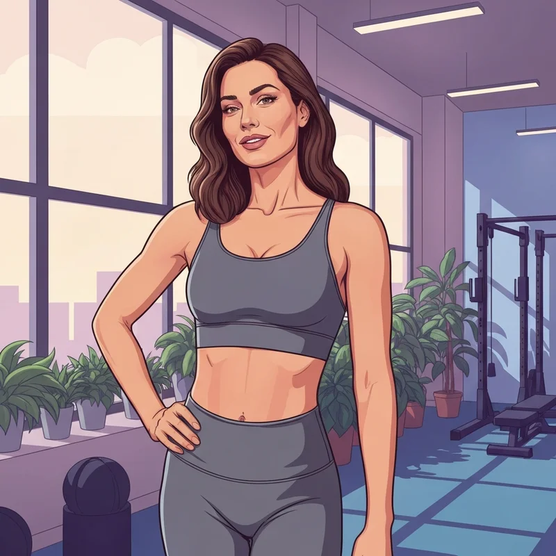 A confident young woman wearing a long sports bra in a modern gym setting.