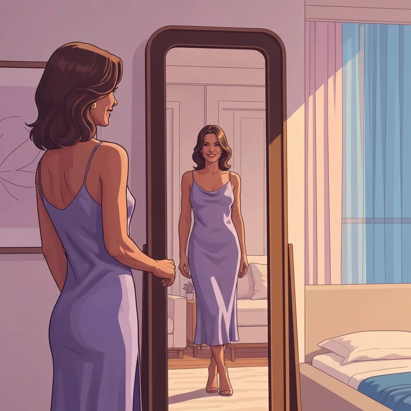 A confident woman admiring her smooth silhouette in shapewear panties under a silk dress.