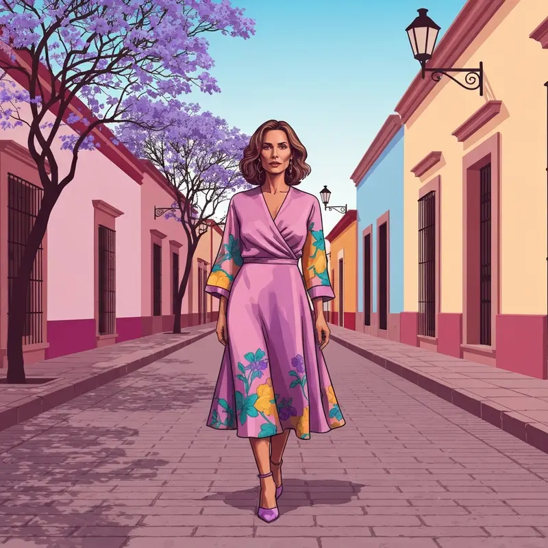 A woman wearing one of the most stylish mexican wedding guest dresses in a vibrant colonial setting.
