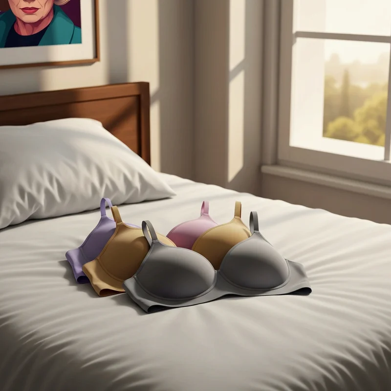 A stack of high-quality neutral-toned bras from a premium bra pack arranged neatly on a bed.