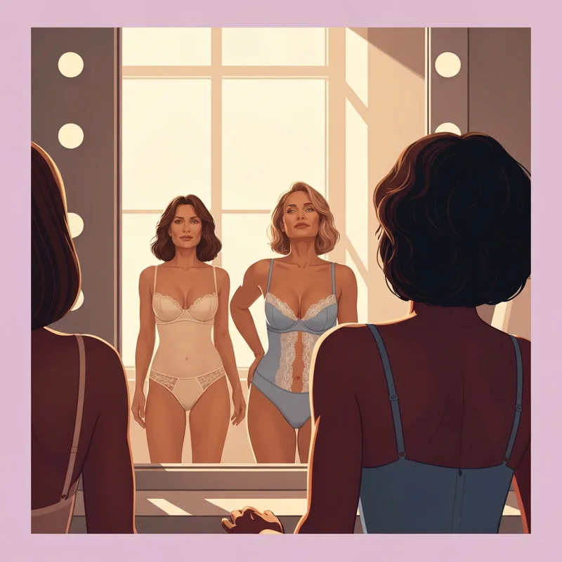 A group of confident women in a luxury dressing room finding their perfect fit using a bra size chart eu us.