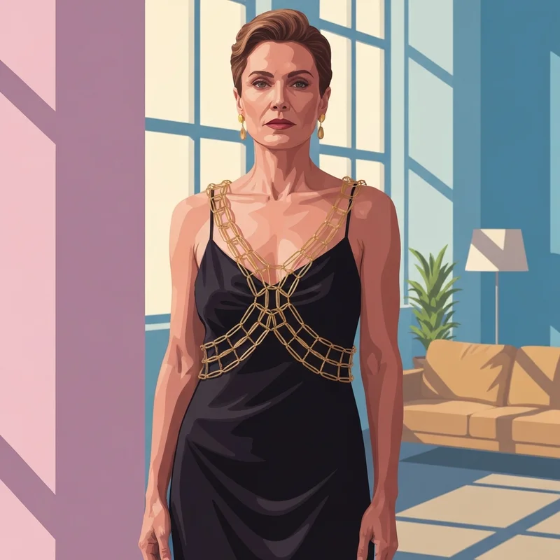 A woman wearing a luxury gold chain bra as a statement accessory over a black dress.