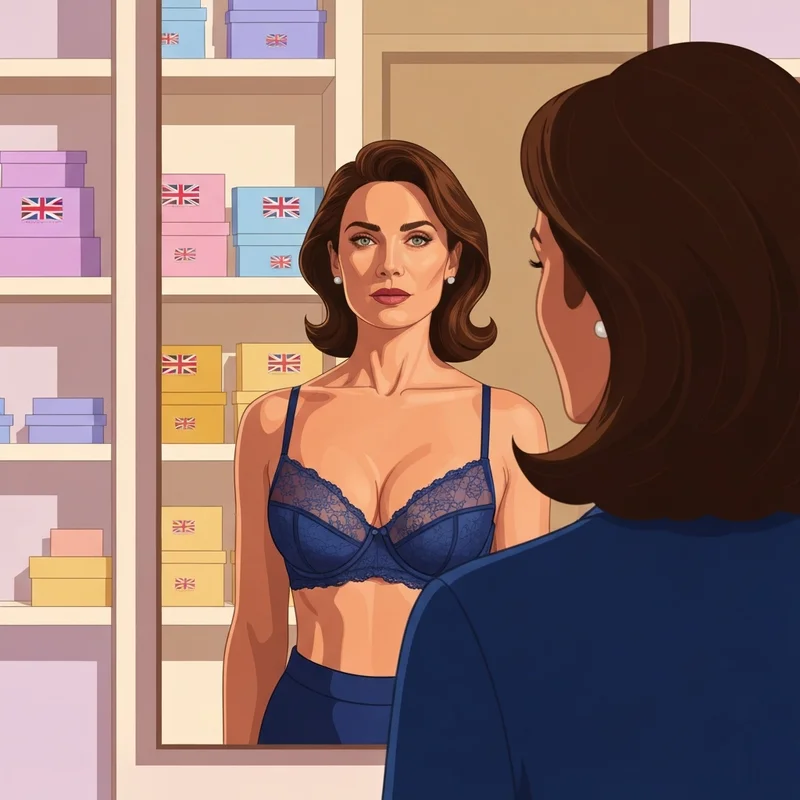 A woman experiencing the perfect fit of english bra sizes in a luxury boutique setting.