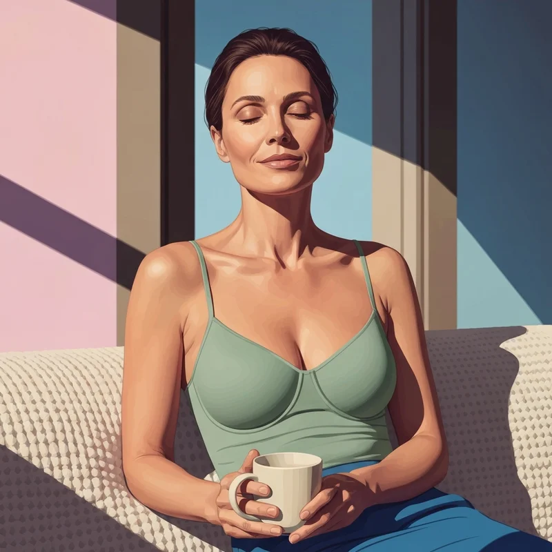 A woman enjoying a peaceful morning while wearing a supportive cami with shelf bra for effortless comfort.