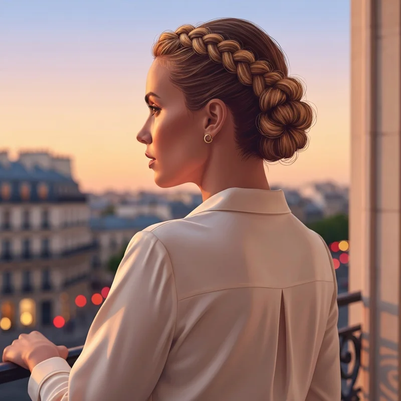 A woman showcasing a sophisticated french twist braid with a rope-like texture.