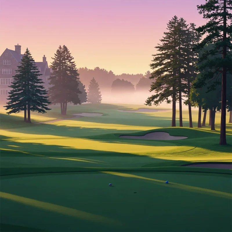 A serene sunrise view of the historic Maxwelton Braes Golf Course in Baileys Harbor, featuring lush fairways and the classic 1920s lodge.