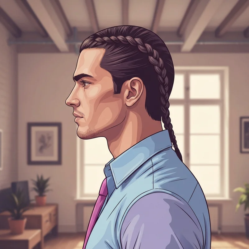 A young man showcasing a professional and stylish french braid on guys in a high-fashion setting.