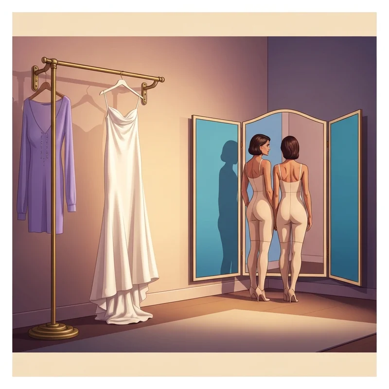 A bride-to-be preparing for her wedding, focusing on the smooth silhouette provided by her wedding shapewear under a silk gown.