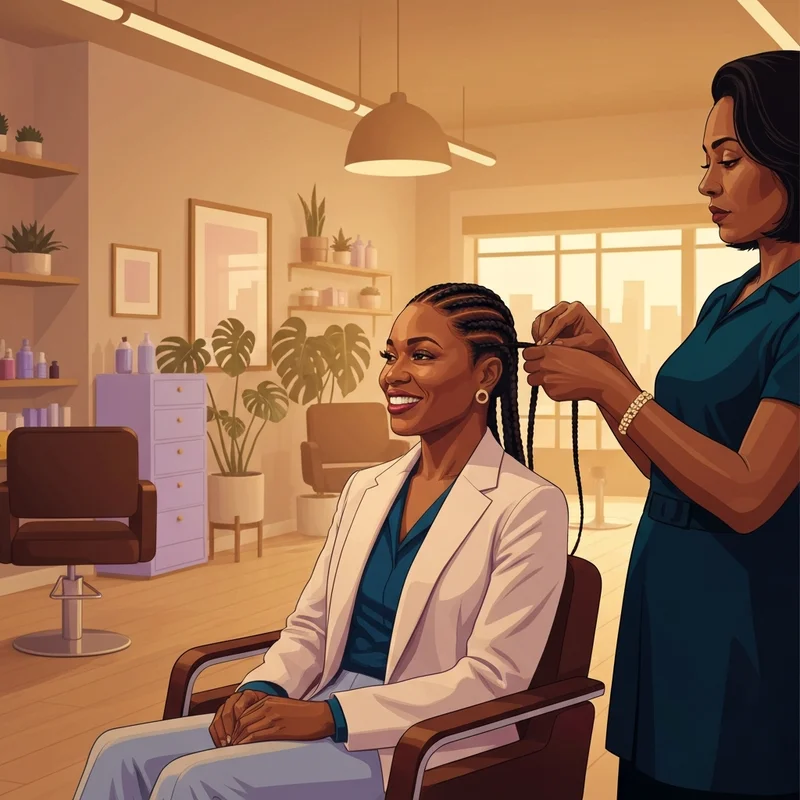 A professional woman enjoying a high-end experience at a luxury african braid shop.