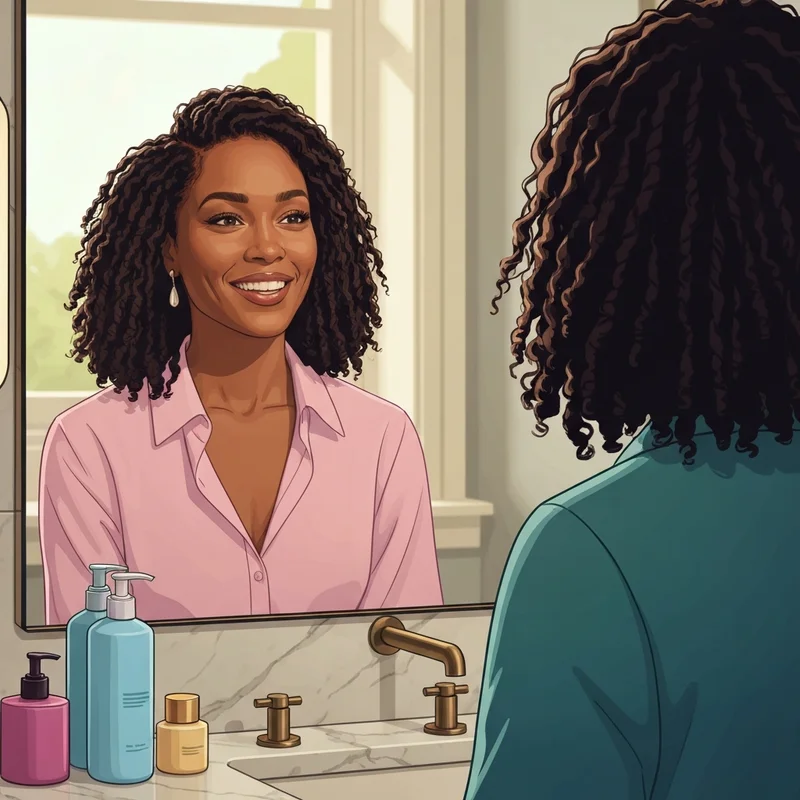 A woman admiring her flawless crochet braid hair installation in a modern mirror.