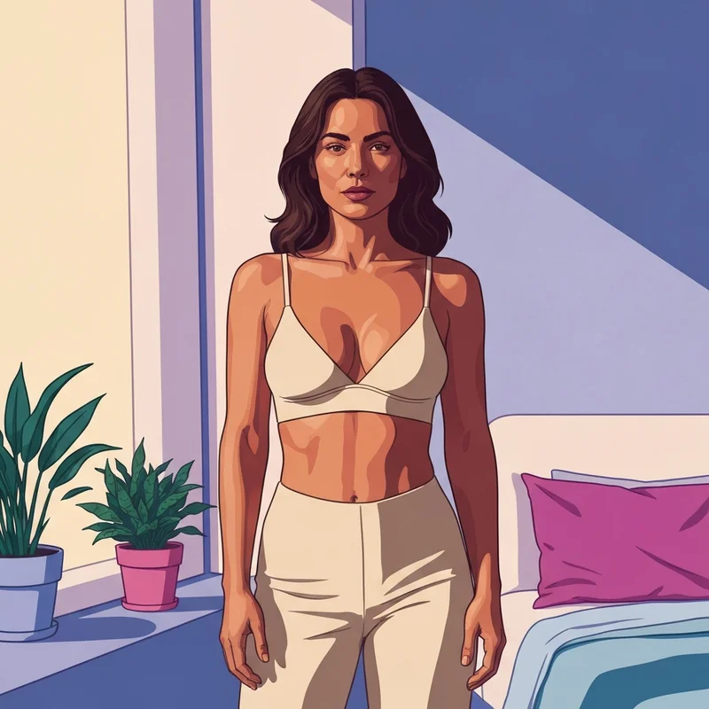 A young woman discovering a perfect fit despite previously feeling her breasts too small for a bra.