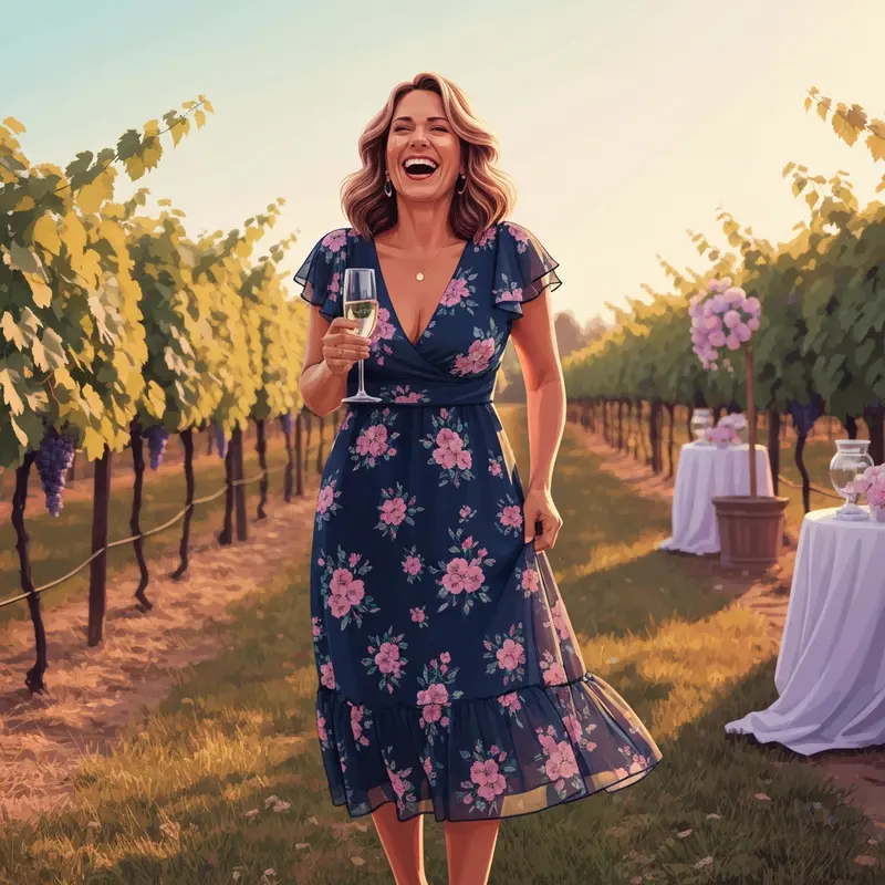 A woman wearing a stylish navy blue floral wedding guest dress at an outdoor summer wedding.