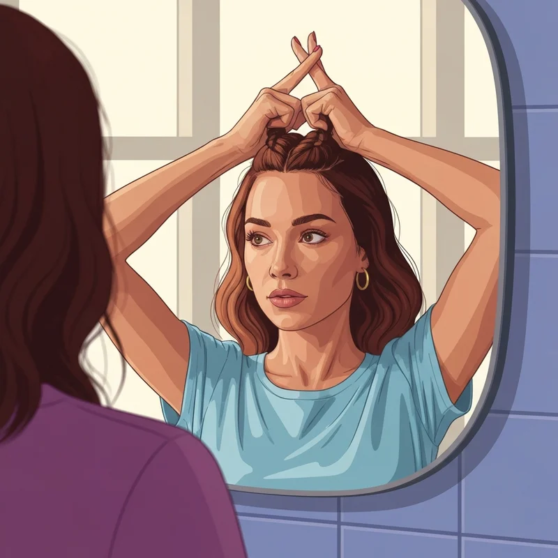 A close-up demonstration of how to french braid own hair with focused hand placement.