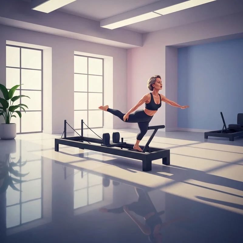 A woman practicing underground pilates on a high-end reformer in an exclusive, minimalist studio for core strength and alignment.