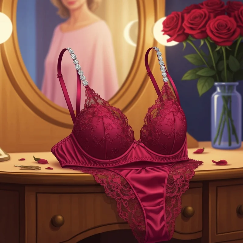 A luxury victoria secret red bra with shine straps resting on a velvet vanity in cinematic lighting.