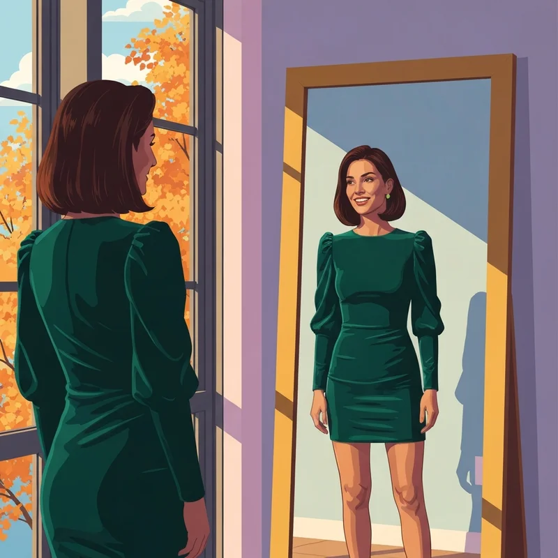 A stylish guest wearing one of the season's best mini fall wedding guest dresses in emerald velvet.