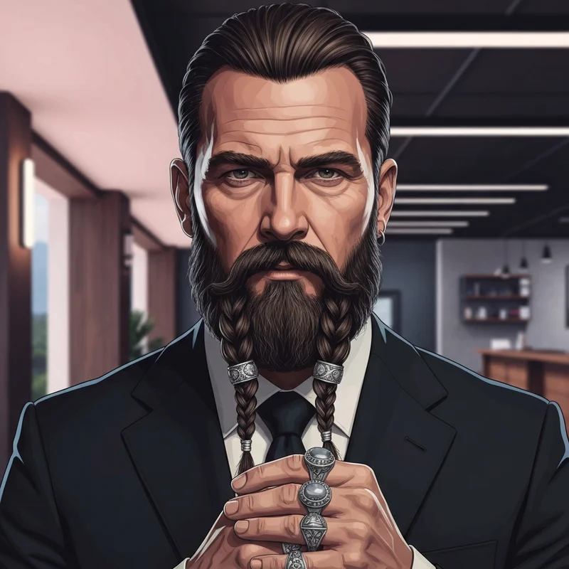 A modern man showcasing a professional viking beard braid with silver beads in a corporate setting.