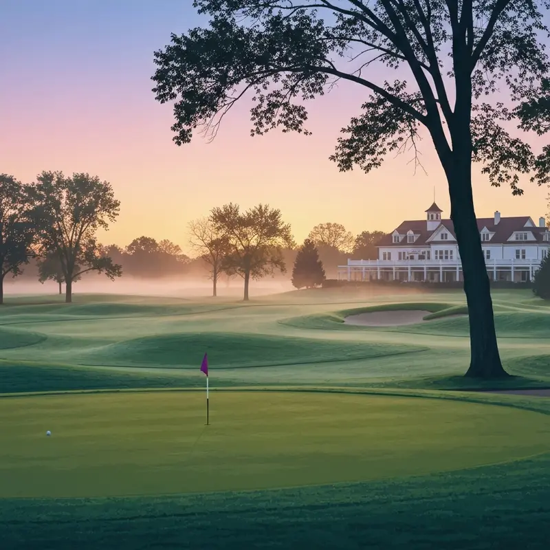 A peaceful sunrise view of the fairways at Brae Loch Golf Course in Grayslake, Illinois.