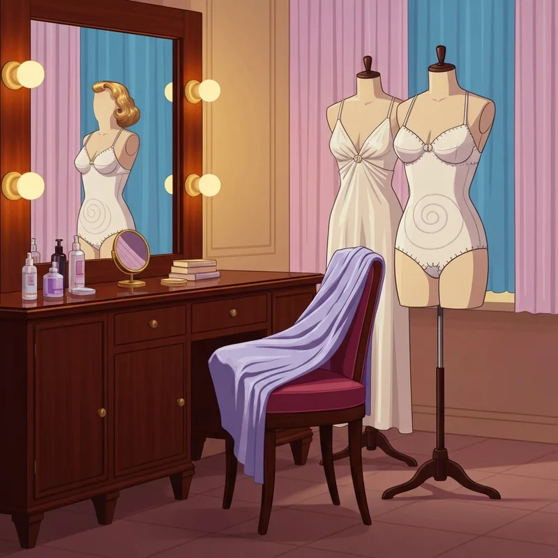 A detailed mid-century dressing room scene showcasing the iconic silhouette found in bullet bra videos porn.