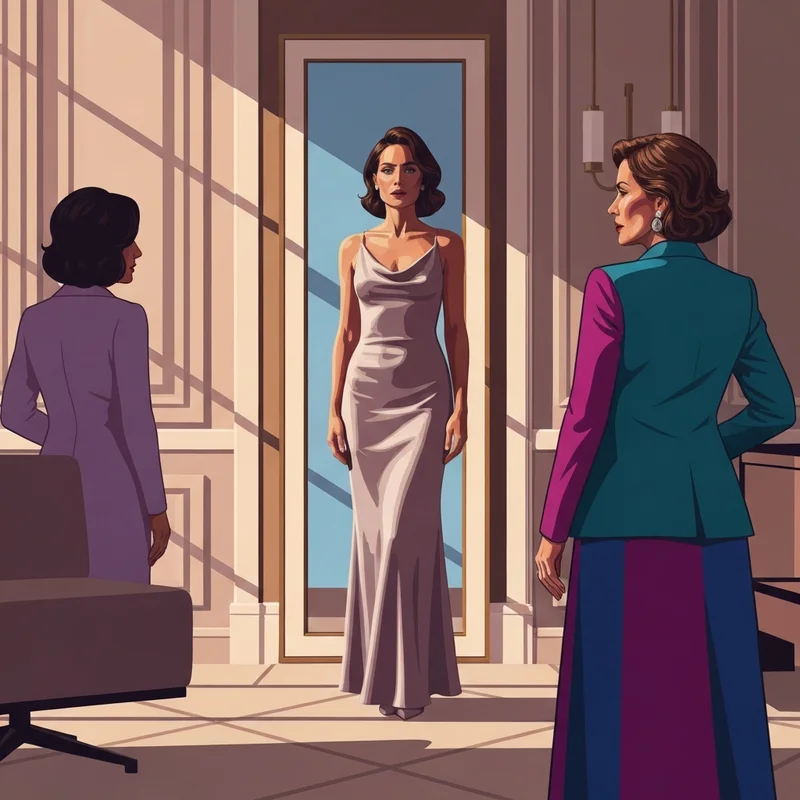 A woman standing confidently in a silk dress, showcasing the invisible and smooth effect of commando shapewear.