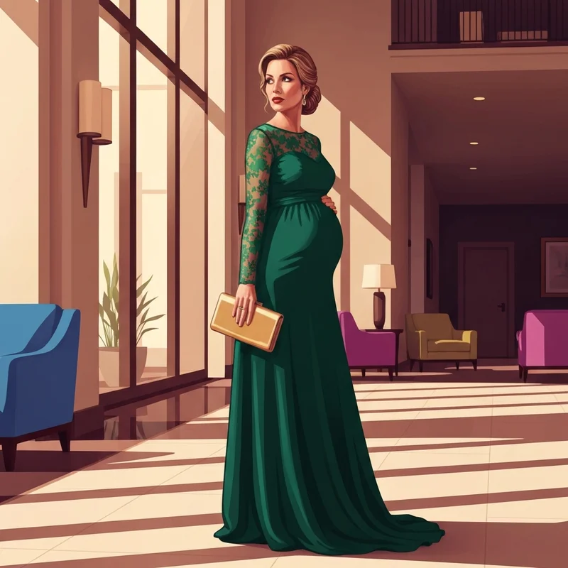A stylish woman wearing a long sleeve maternity wedding guest dress in emerald green, standing confidently in a formal setting.