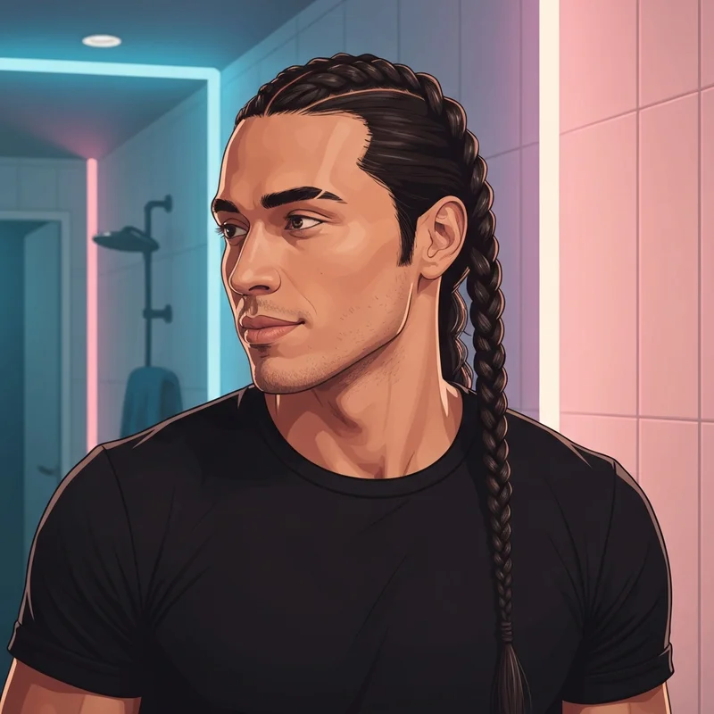 A young man showcasing a professional french braid men hairstyle with a confident main character aesthetic.