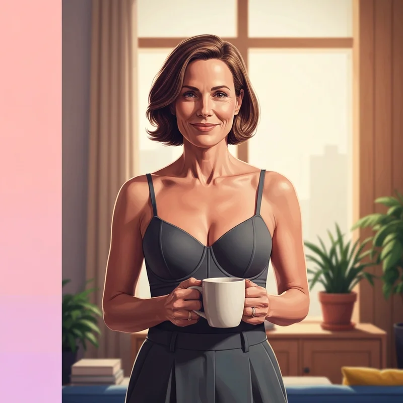 A woman wearing a supportive built in bra cami in a modern sunlit home.