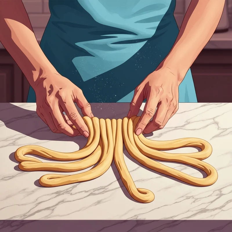 A close-up of a perfectly executed 6 strand braid being crafted by hand on a professional workspace.