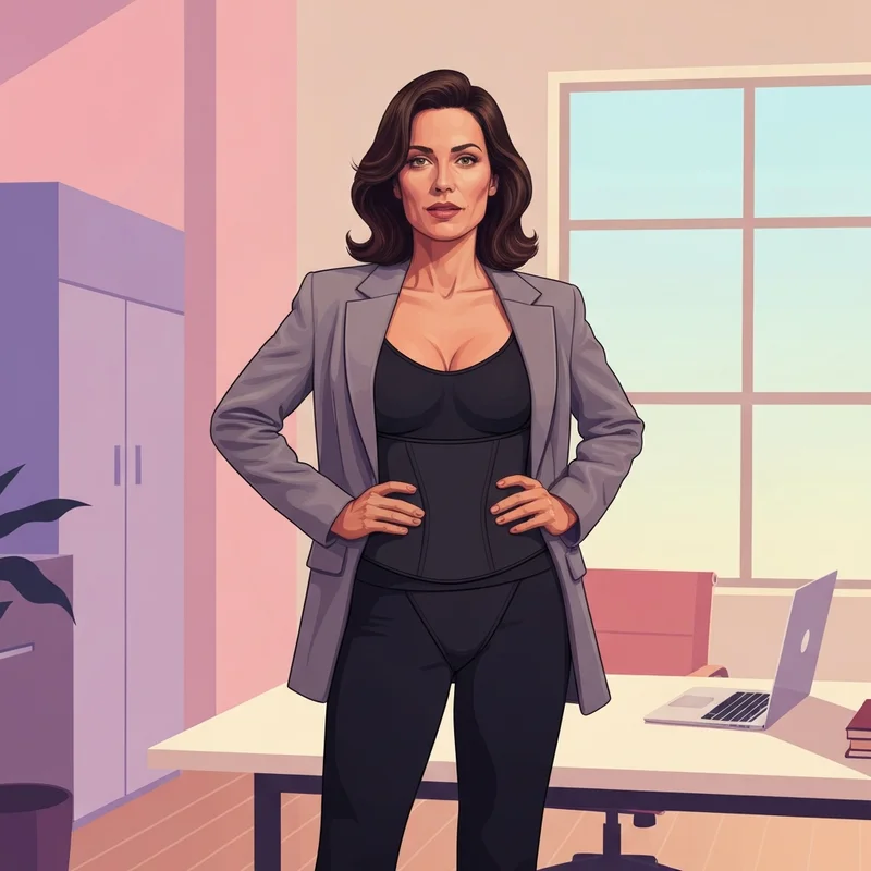 A professional woman showcasing improved posture and confidence using a form bra in a modern office setting.