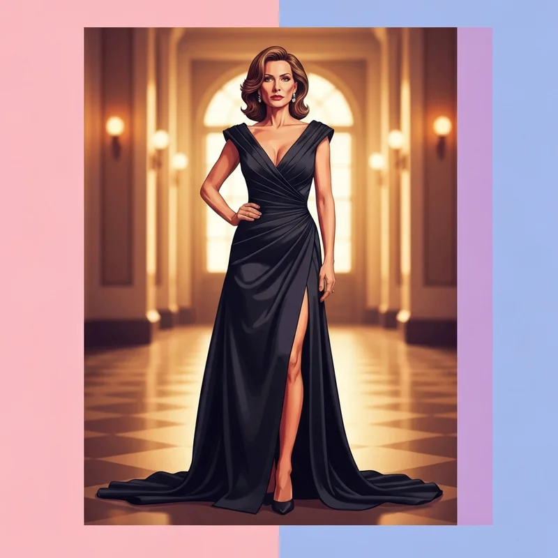 A woman posing in one of the most elegant long black wedding guest dresses for a formal ceremony.