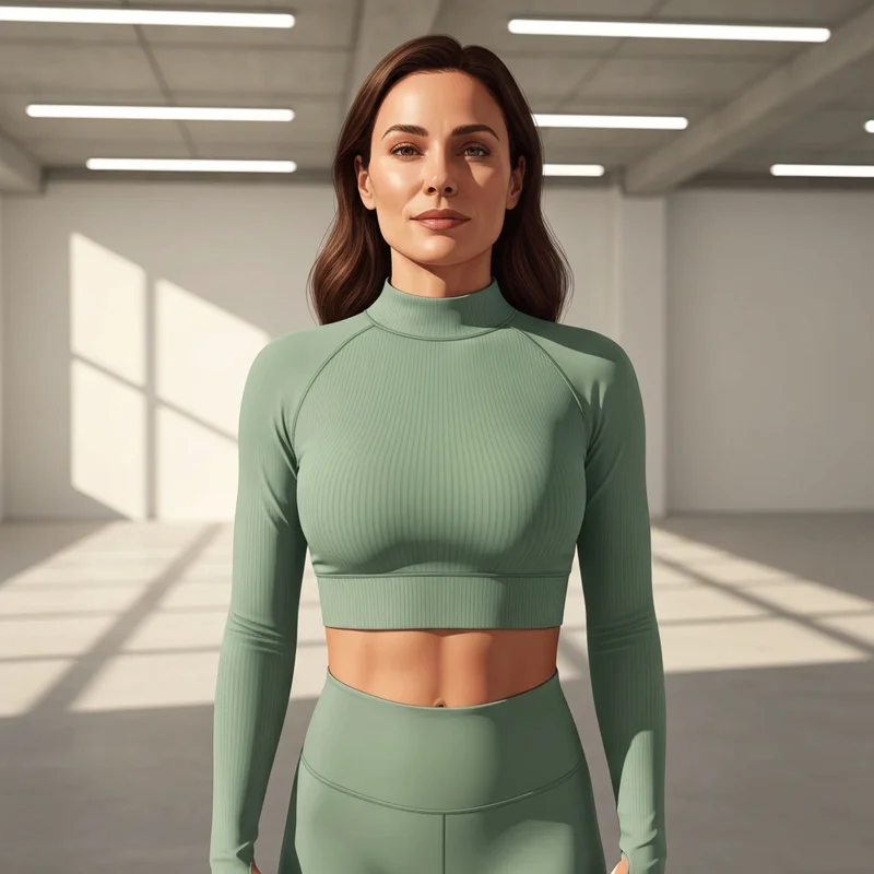 A woman wearing a stylish and supportive sports bra top in a minimalist gym setting.