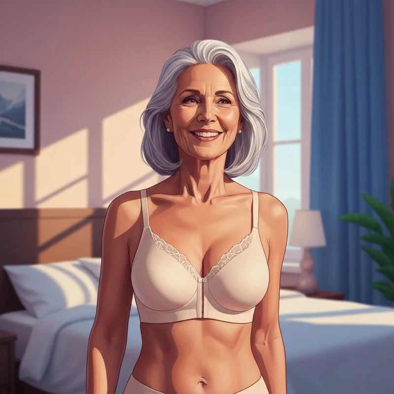A mature woman feeling empowered and comfortable in a front closure no wire bra.