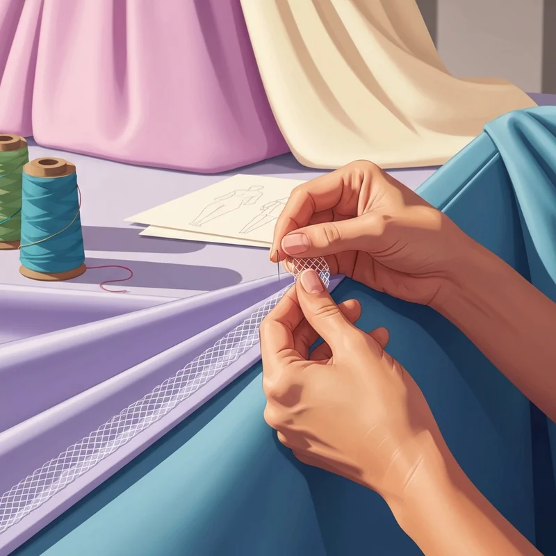A close-up of a designer applying horsehair braid to a bridal gown hem
