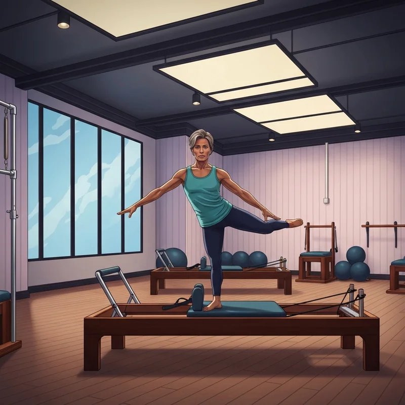 A person practicing contrology pilates on a classical reformer in a high-end studio.
