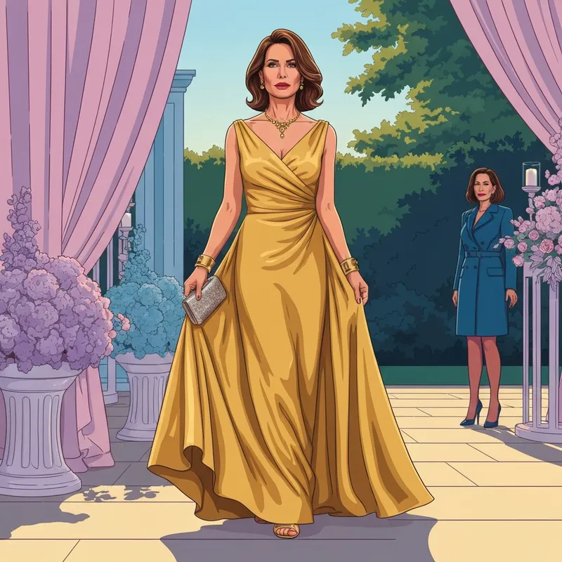A woman wearing a stunning formal yellow wedding guest dress at an outdoor estate wedding during sunset.