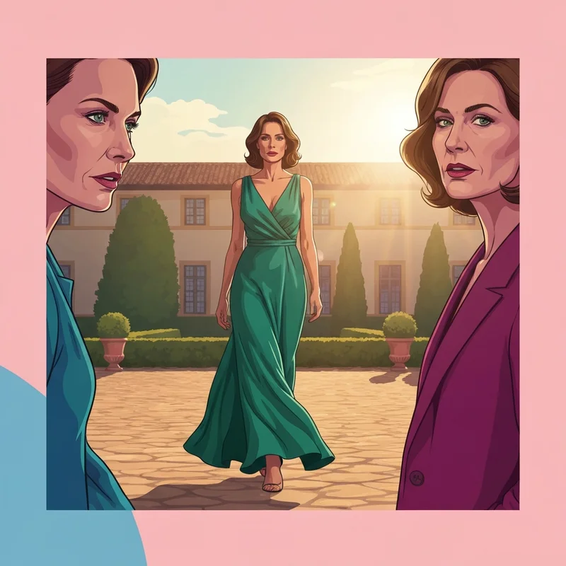 A woman wearing one of the best long guest wedding dresses at an outdoor evening ceremony.