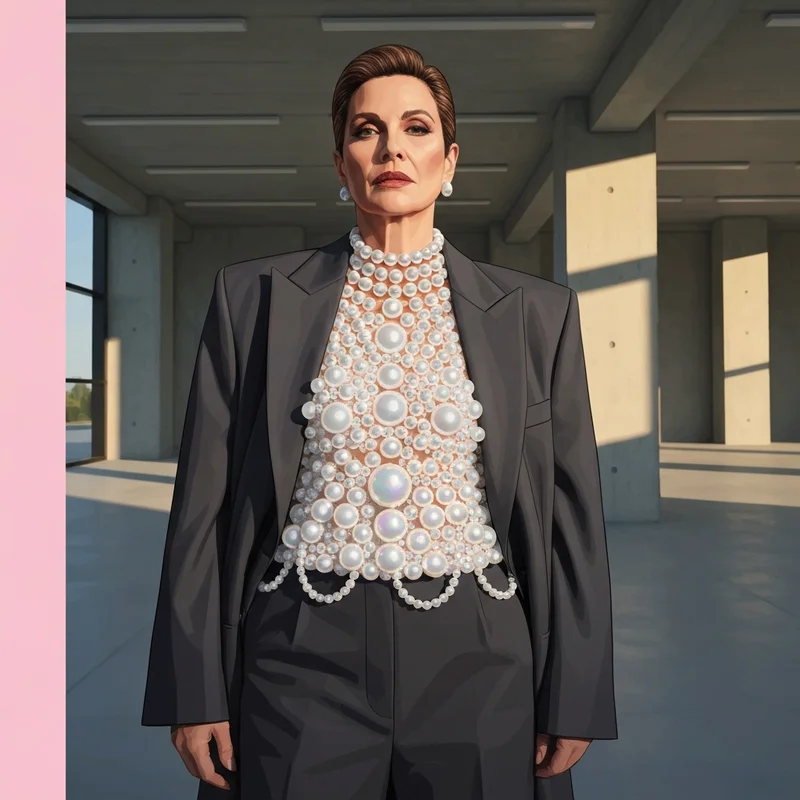 A woman modeling a high-fashion pearl bra under a tailored blazer in a sunlit studio.