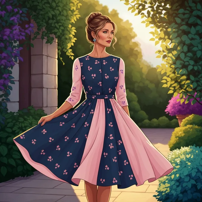 A sophisticated woman wearing a navy and pink dress for wedding guest at a garden ceremony.