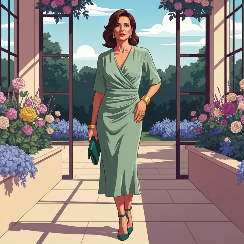 A stylish woman wearing a sage green light color wedding guest dress at a garden ceremony.